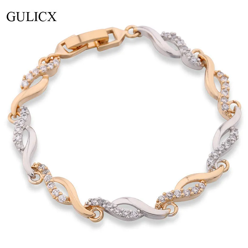 GULICX Brand Crystal CZ Hand Link Chain Bracelets for Women Yellow Gold Color Twisted Bangle Engagement Jewelry L140