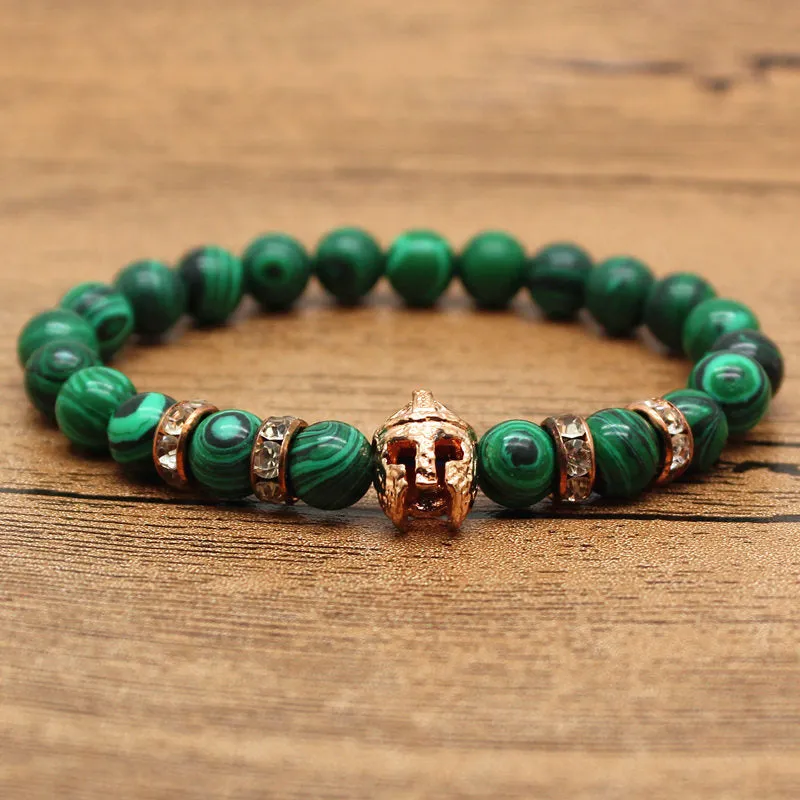 Hansion Hot Roman Knight Spartan Warrior Gladiator Helmet Rhinestone Bracelet Men Malachite Stone Bead Bracelets For Men Jewelry