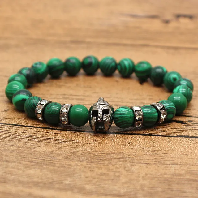 Hansion Hot Roman Knight Spartan Warrior Gladiator Helmet Rhinestone Bracelet Men Malachite Stone Bead Bracelets For Men Jewelry