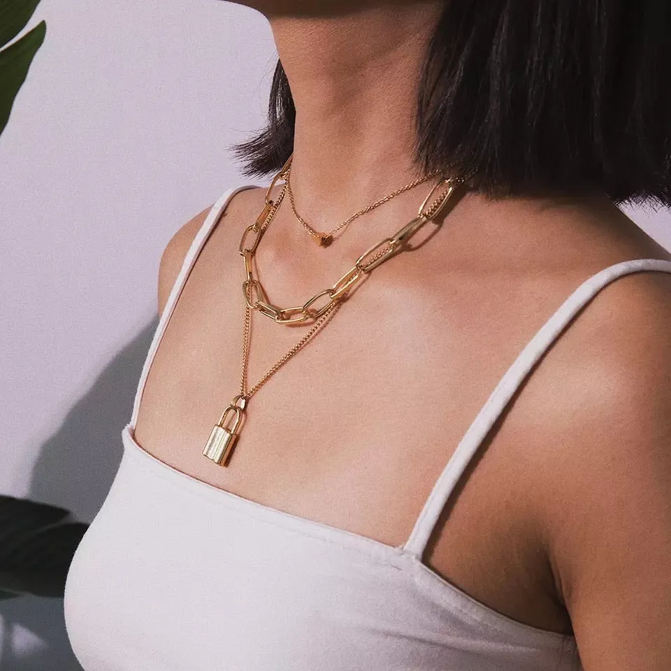 Heart & Lock Layered Chain Necklace - LAST CHANCE