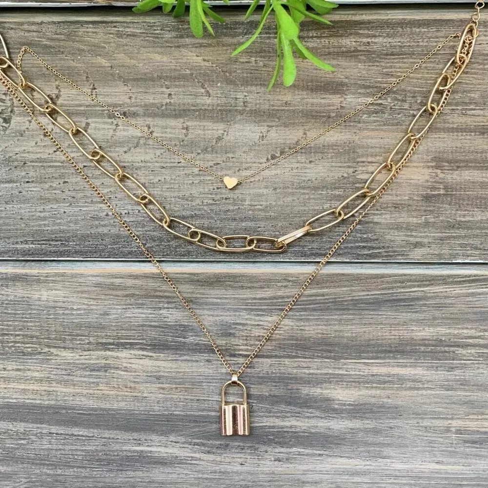 Heart & Lock Layered Chain Necklace - LAST CHANCE