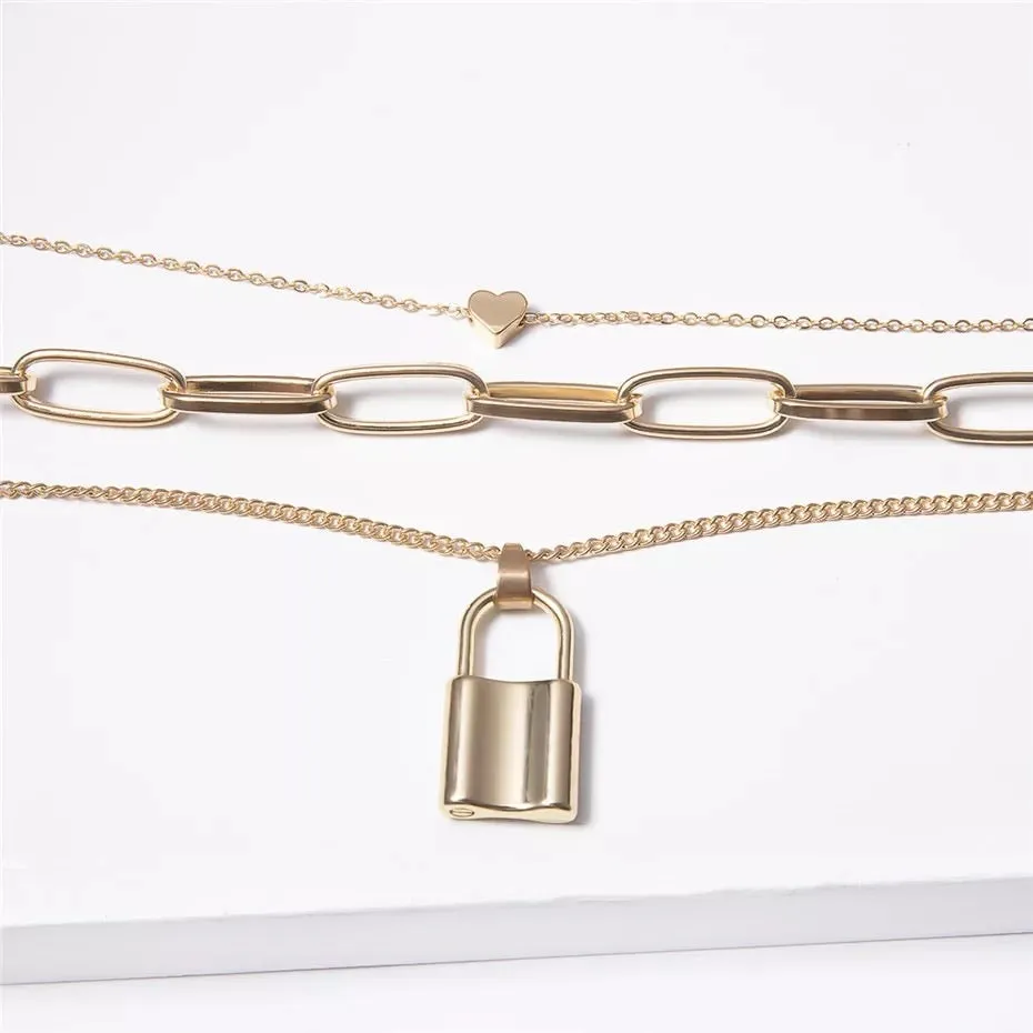 Heart & Lock Layered Chain Necklace - LAST CHANCE