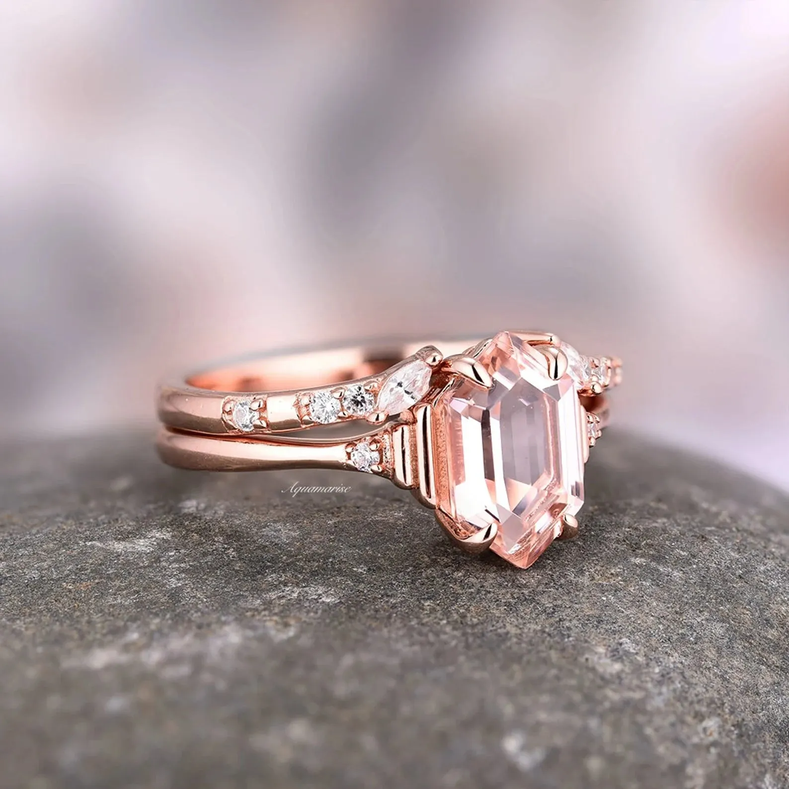 Hexagon Morganite Couples Ring