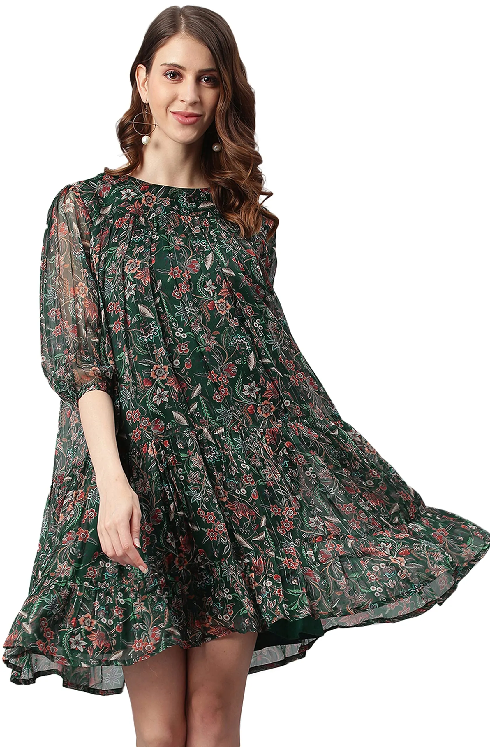 Janasya Women's Green Poly Georgette Floral Flared Western Dress(J0339-DR-S)