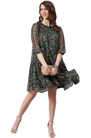 Janasya Women's Green Poly Georgette Floral Flared Western Dress(J0339-DR-S)