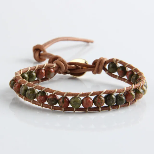 JINSE Leather Bracelet Men Women 1 Layer Natural Stone Bead Bracelets & Bangles Leather Beaded Bracelet With Real Leather Cord