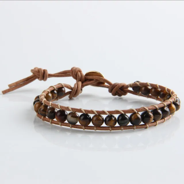 JINSE Leather Bracelet Men Women 1 Layer Natural Stone Bead Bracelets & Bangles Leather Beaded Bracelet With Real Leather Cord