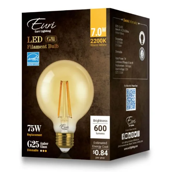 LED Filament Edison Light Bulb - G25 Globe - 7 Watt - Amber - 2200K