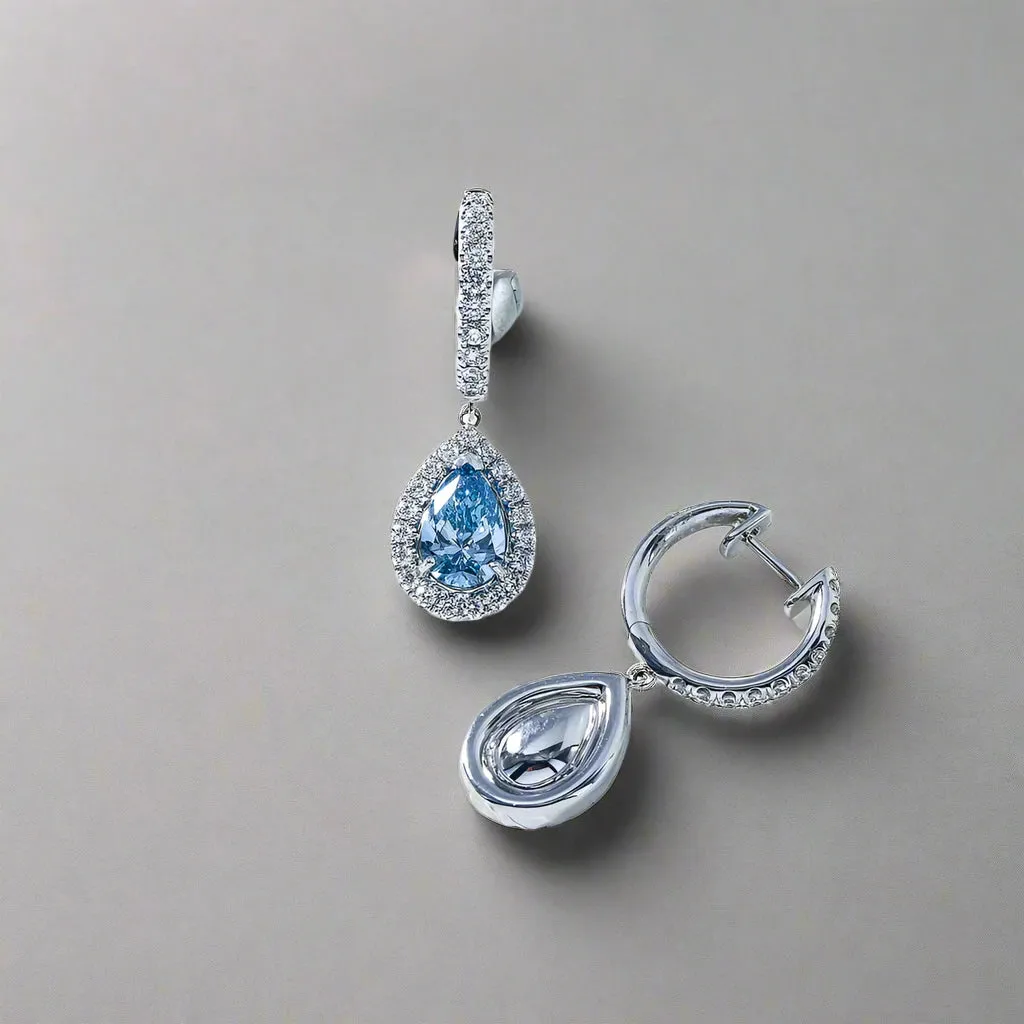 Lenna 3 Carats Pear Cut Lab Grown Fancy Vivid Blue Diamond Teardrop Earrings in 18K White Gold