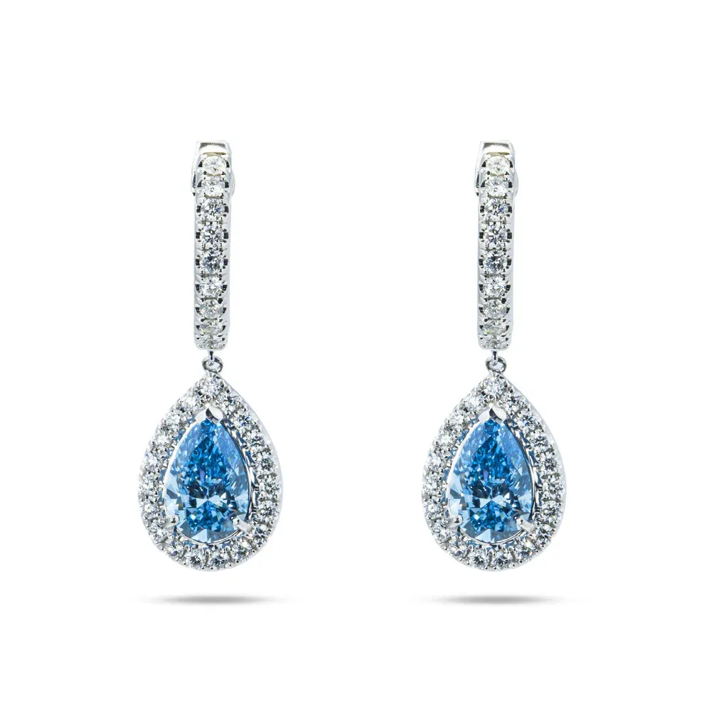 Lenna 3 Carats Pear Cut Lab Grown Fancy Vivid Blue Diamond Teardrop Earrings in 18K White Gold