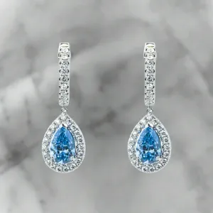 Lenna 3 Carats Pear Cut Lab Grown Fancy Vivid Blue Diamond Teardrop Earrings in 18K White Gold