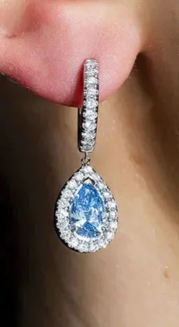 Lenna 3 Carats Pear Cut Lab Grown Fancy Vivid Blue Diamond Teardrop Earrings in 18K White Gold