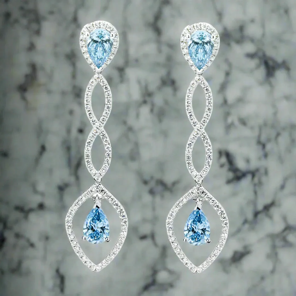 Lluvia 6 Carats Pear Cut Lab Grown Fancy Vivid Blue Diamond Drop Earrings in 18K White Gold