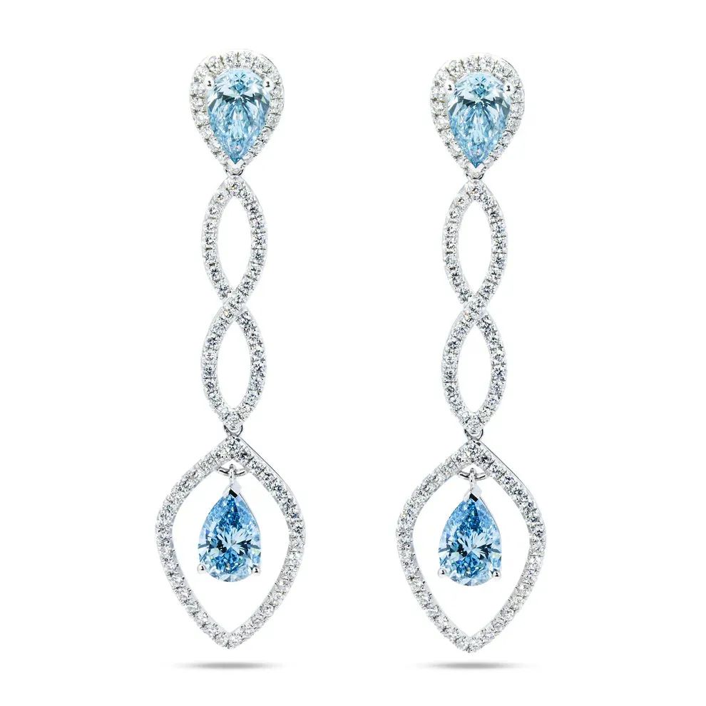 Lluvia 6 Carats Pear Cut Lab Grown Fancy Vivid Blue Diamond Drop Earrings in 18K White Gold