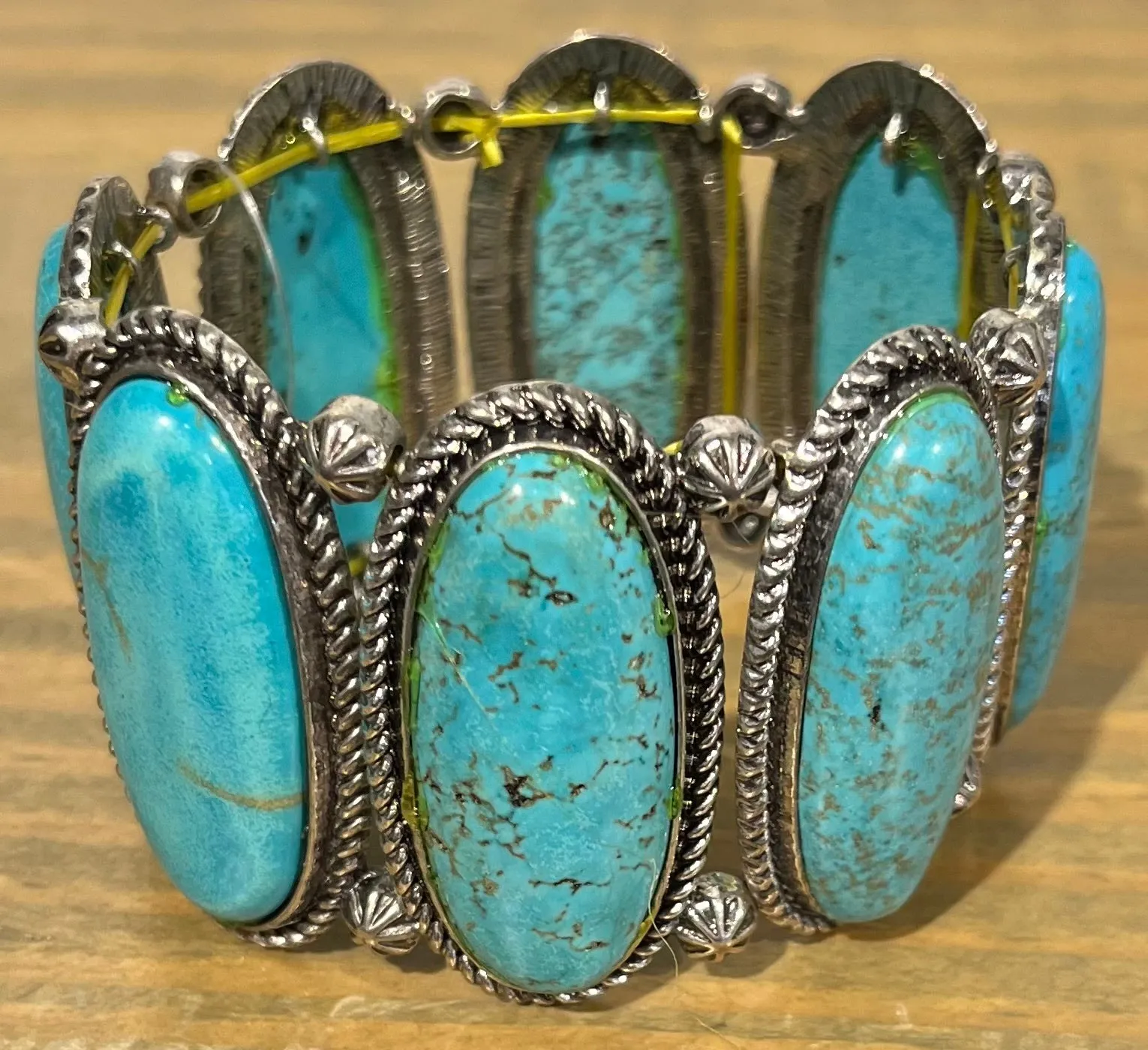 Long Oval Turquoise/Silver Stretch Bracelet