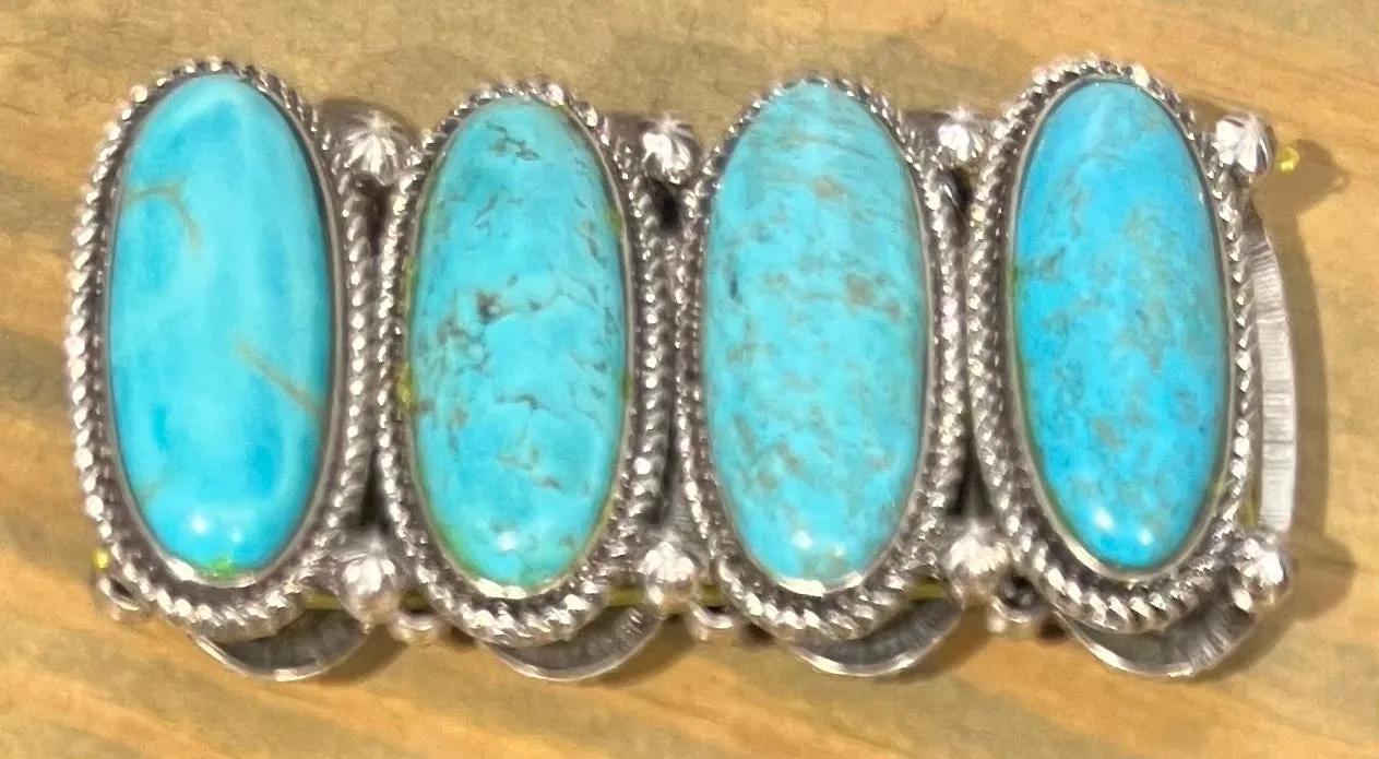 Long Oval Turquoise/Silver Stretch Bracelet