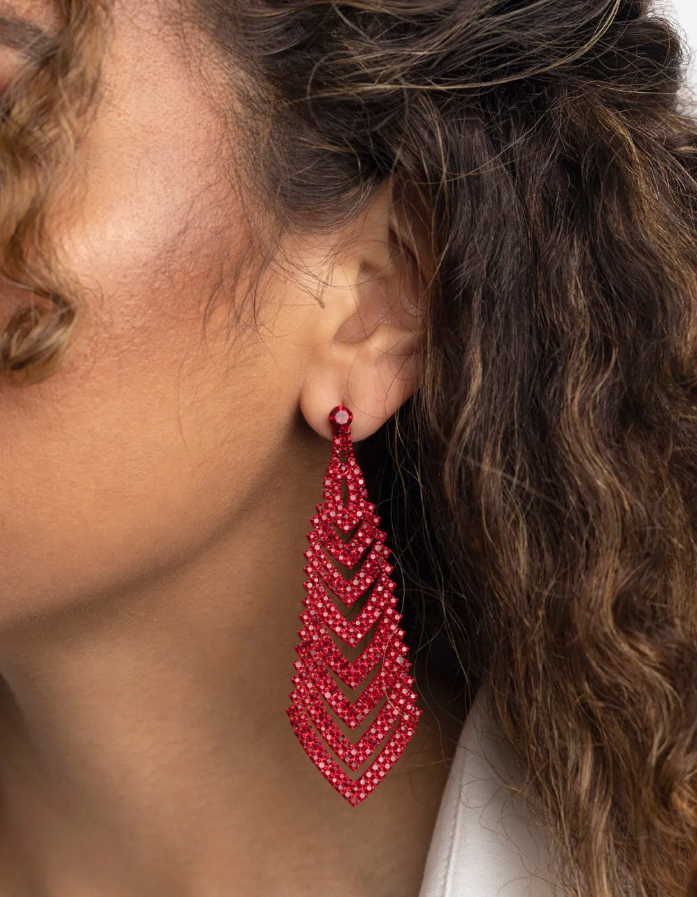 Matte Red V Diamante Drop Earrings