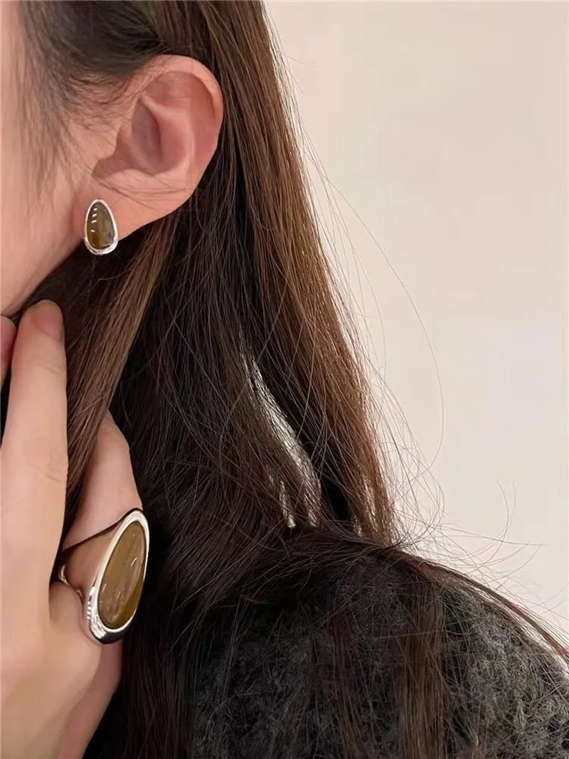 Minimalist 925 Silver Wood Grain Stone Earrings