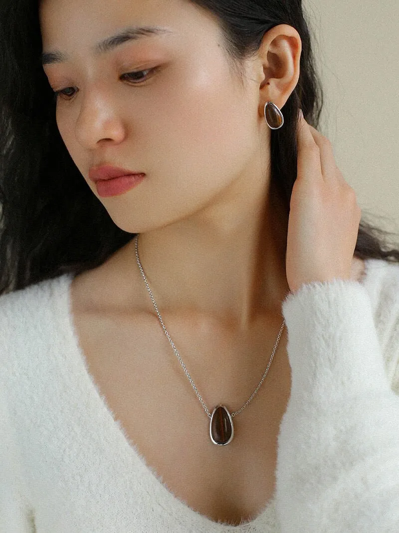 Minimalist 925 Silver Wood Grain Stone Earrings