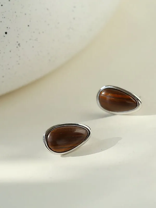 Minimalist 925 Silver Wood Grain Stone Earrings