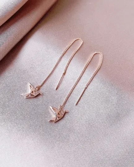 Minimalist - Silver or Rose gold crane dangle threader earrings | chain dangle earrings | minimalist elegant statement earrings | cute kawaii earrings