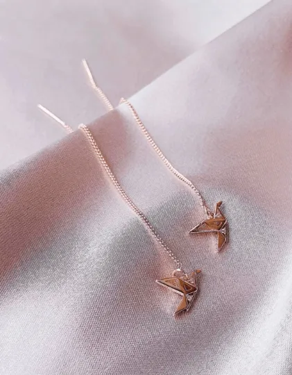 Minimalist - Silver or Rose gold crane dangle threader earrings | chain dangle earrings | minimalist elegant statement earrings | cute kawaii earrings