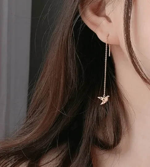 Minimalist - Silver or Rose gold crane dangle threader earrings | chain dangle earrings | minimalist elegant statement earrings | cute kawaii earrings