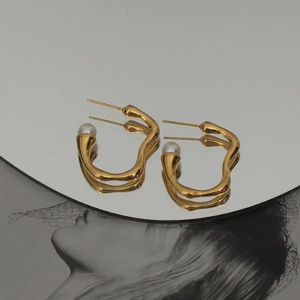 Modern Vintage Wavy Line Pearl Hoop Earrings