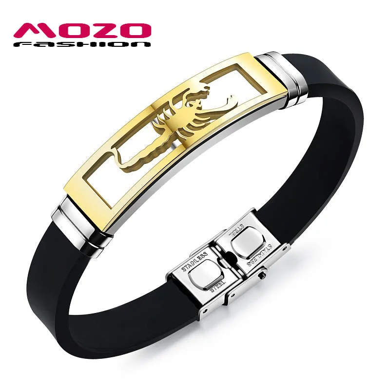 MOZO FASHION Men Charm Bracelet Scorpion Design Stainless Steel Silicone Rubber Wristband Bracelets Trendy Mens Jewelry MPH1085