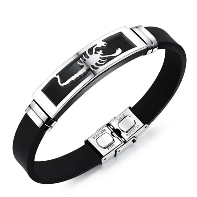 MOZO FASHION Men Charm Bracelet Scorpion Design Stainless Steel Silicone Rubber Wristband Bracelets Trendy Mens Jewelry MPH1085