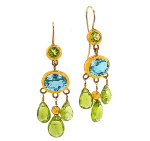 Nava Zahavi Yellow Gold Peridot and Blue Topaz Chandelier Earrings