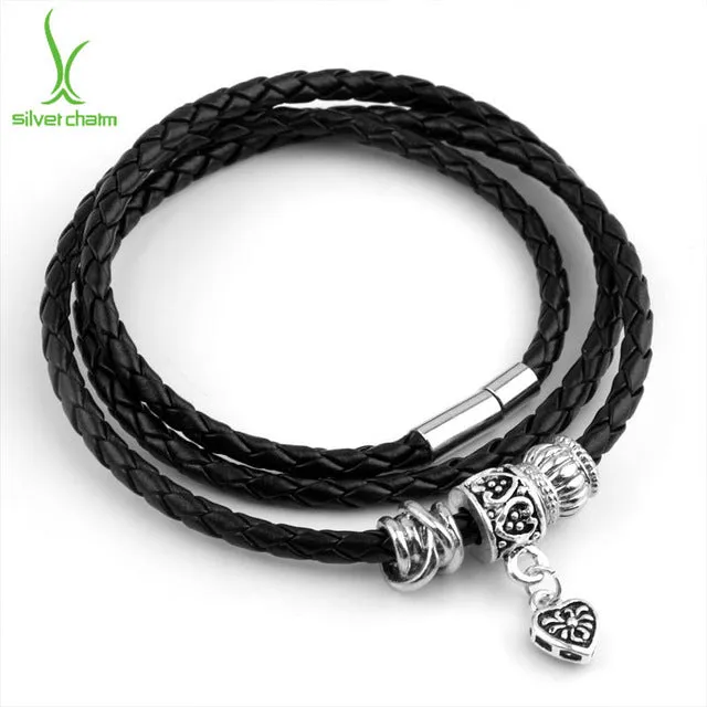 Newest Arrival Silver Charm Black Leather Bracelet for Women Five Colors Magnet Clasp Christmas Gift Jewelry PI0311