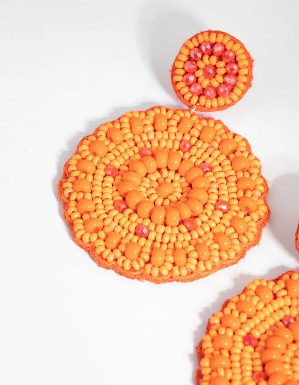 Orange Flat Circle Beaded Drop Earrings