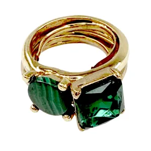 Oscar de la Renta Emerald Crystal & Malachite Double Rings Set Gold Plated Rare