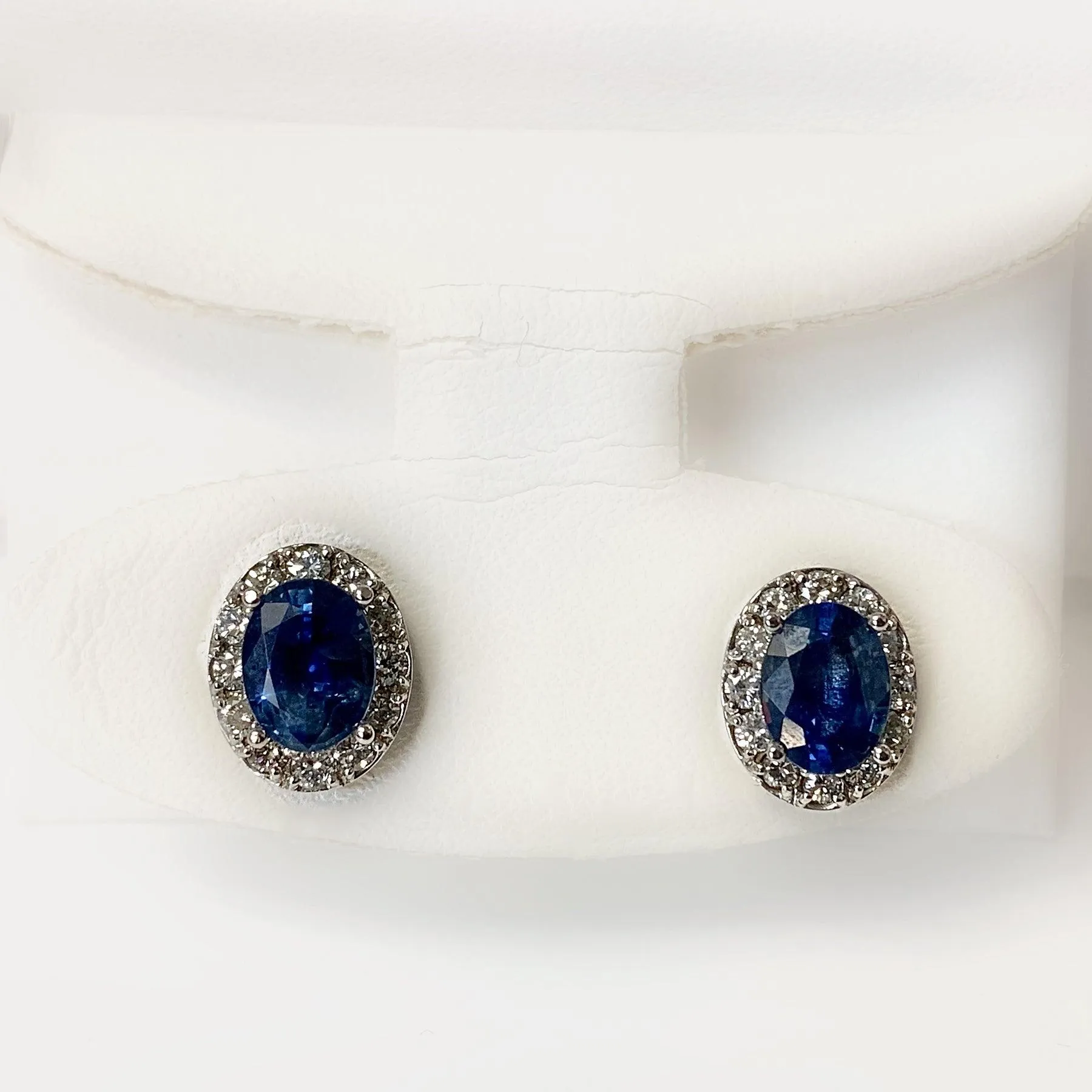 Oval Sapphire Diamond Halo Stud Earrings White Gold