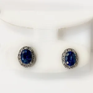 Oval Sapphire Diamond Halo Stud Earrings White Gold