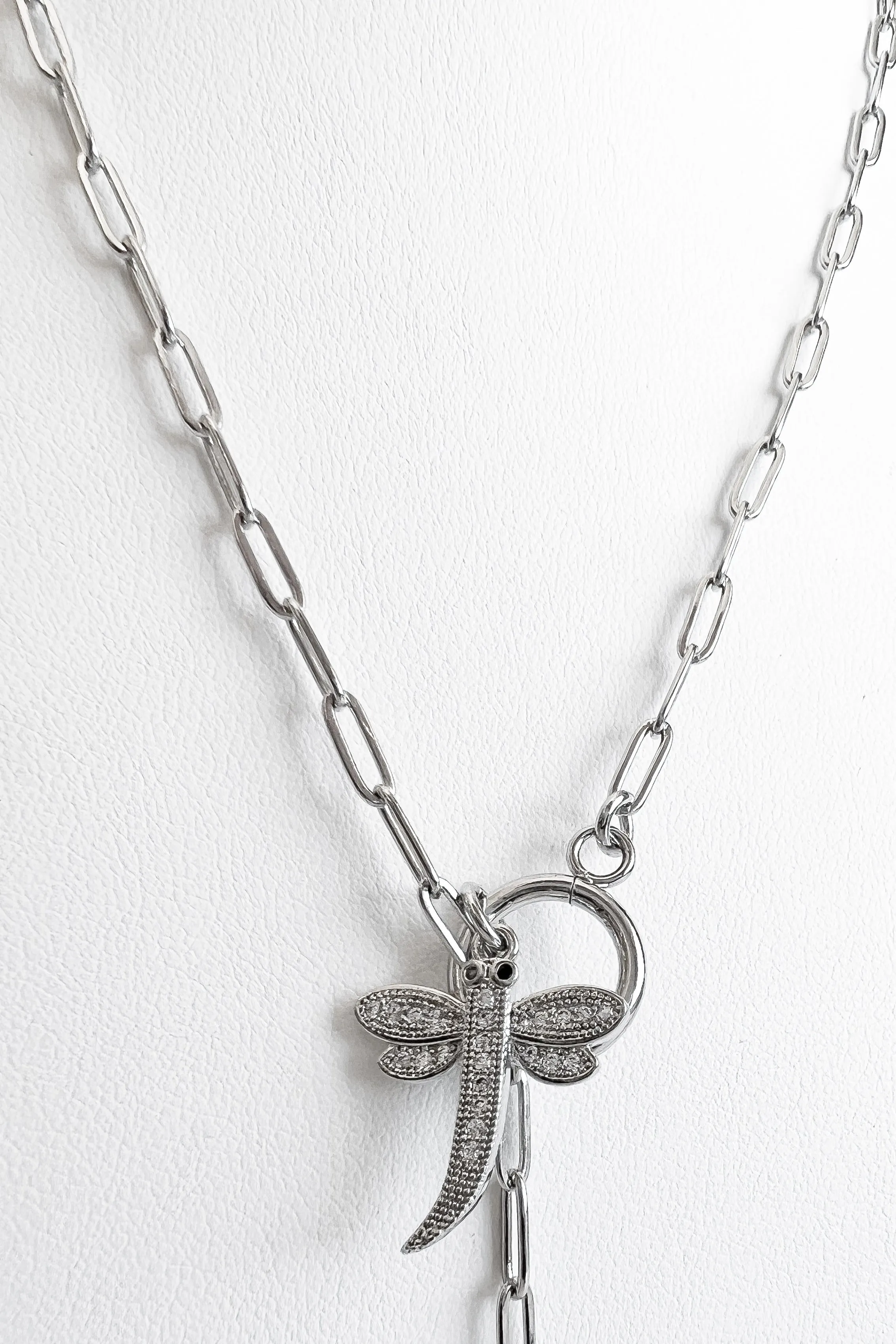 Paperclip CZ Dragonfly Pendant Toggle Necklace Set