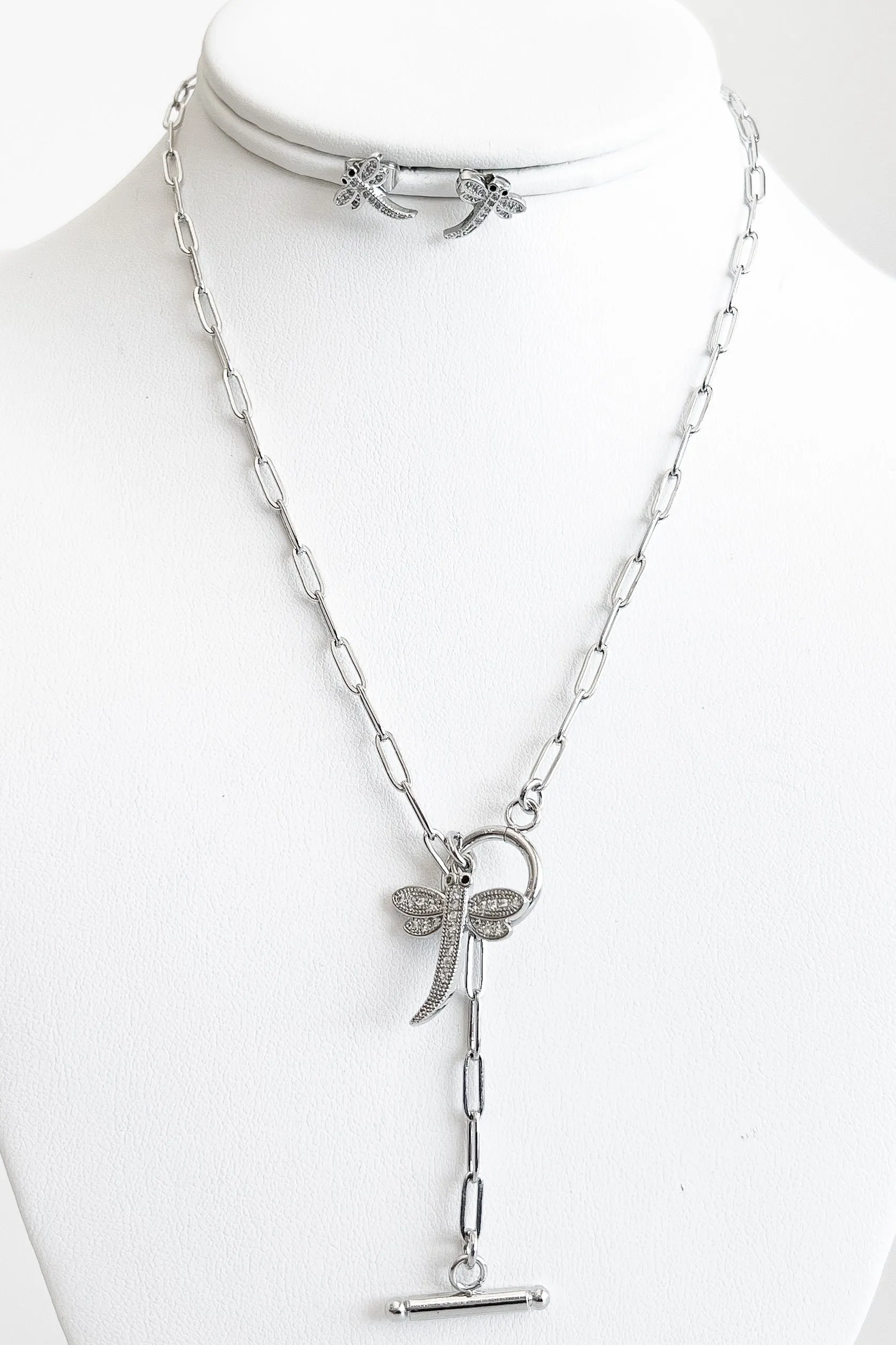 Paperclip CZ Dragonfly Pendant Toggle Necklace Set