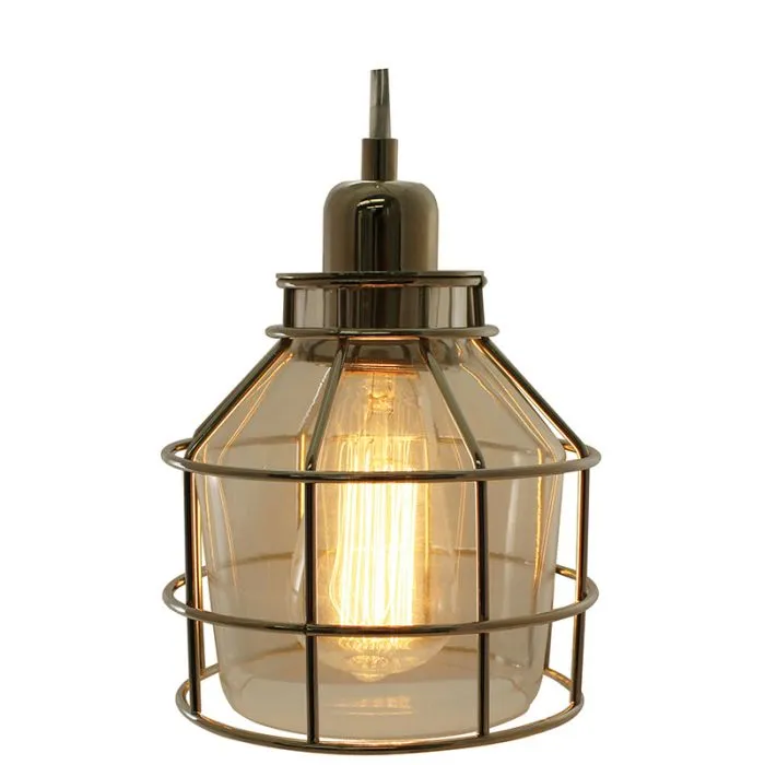 Polished Nickel Caged Pendant Light with Clear Glass