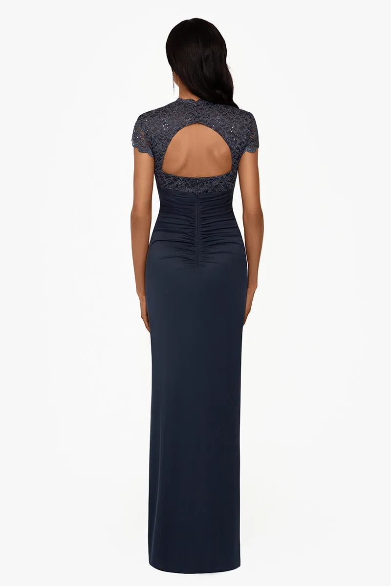 "Kim" Sheer Matte Jersey Lace Cap Sleeve Dress