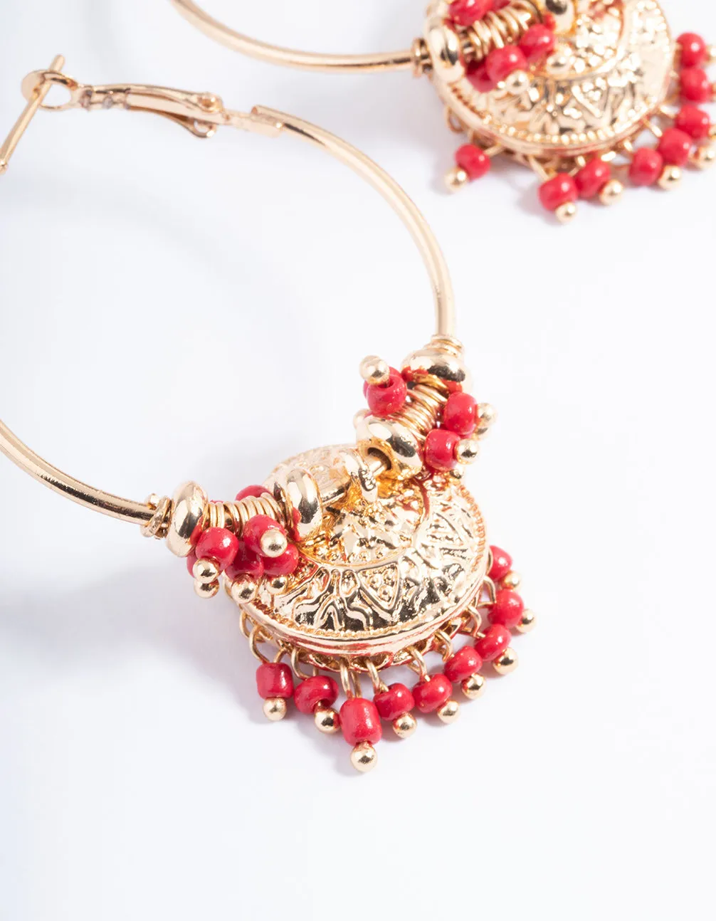 Red Beaded Gold Jhumka Bell Hoop Earrings