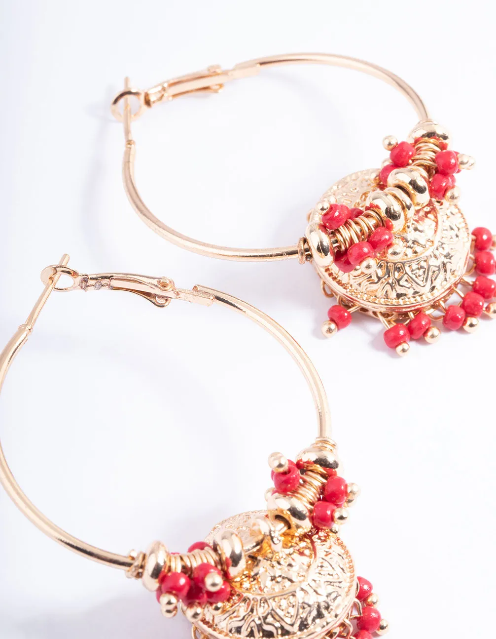 Red Beaded Gold Jhumka Bell Hoop Earrings