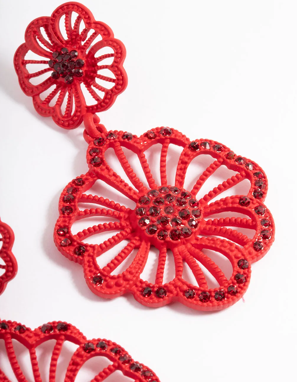 Red Diamante Flower Drop Earrings