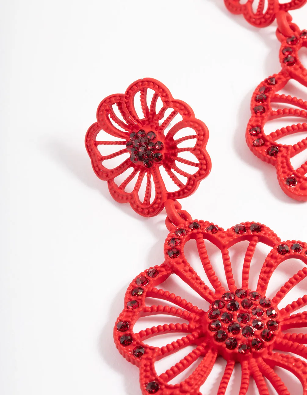 Red Diamante Flower Drop Earrings