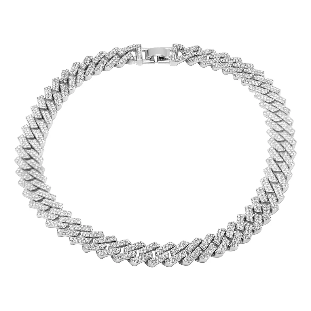 Rhodium Plated Edgy Cuban Crystal Chain Necklace