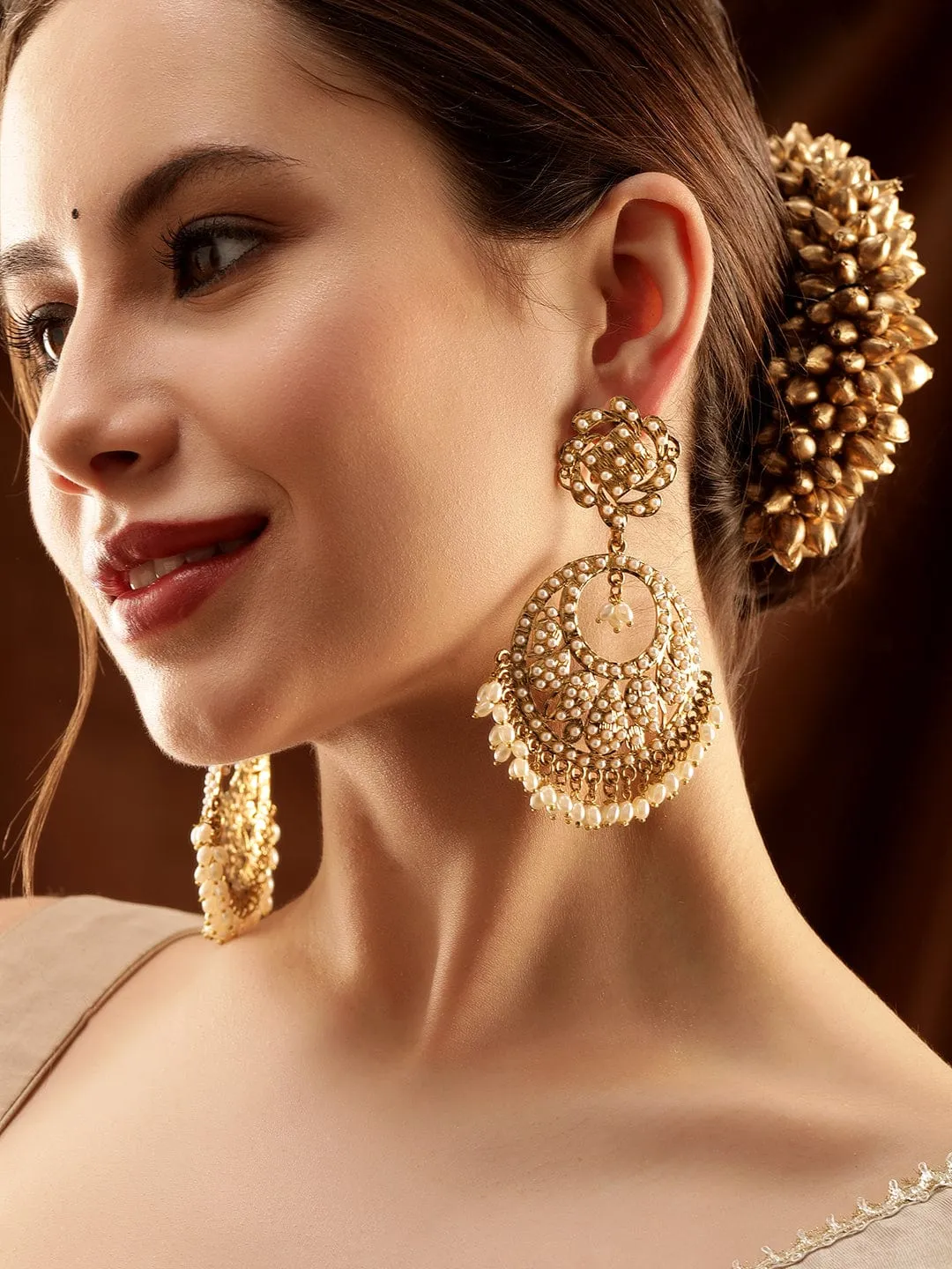 Rubans 22K Antique Gold Plated Pearl studded Statement Chandbali Earring