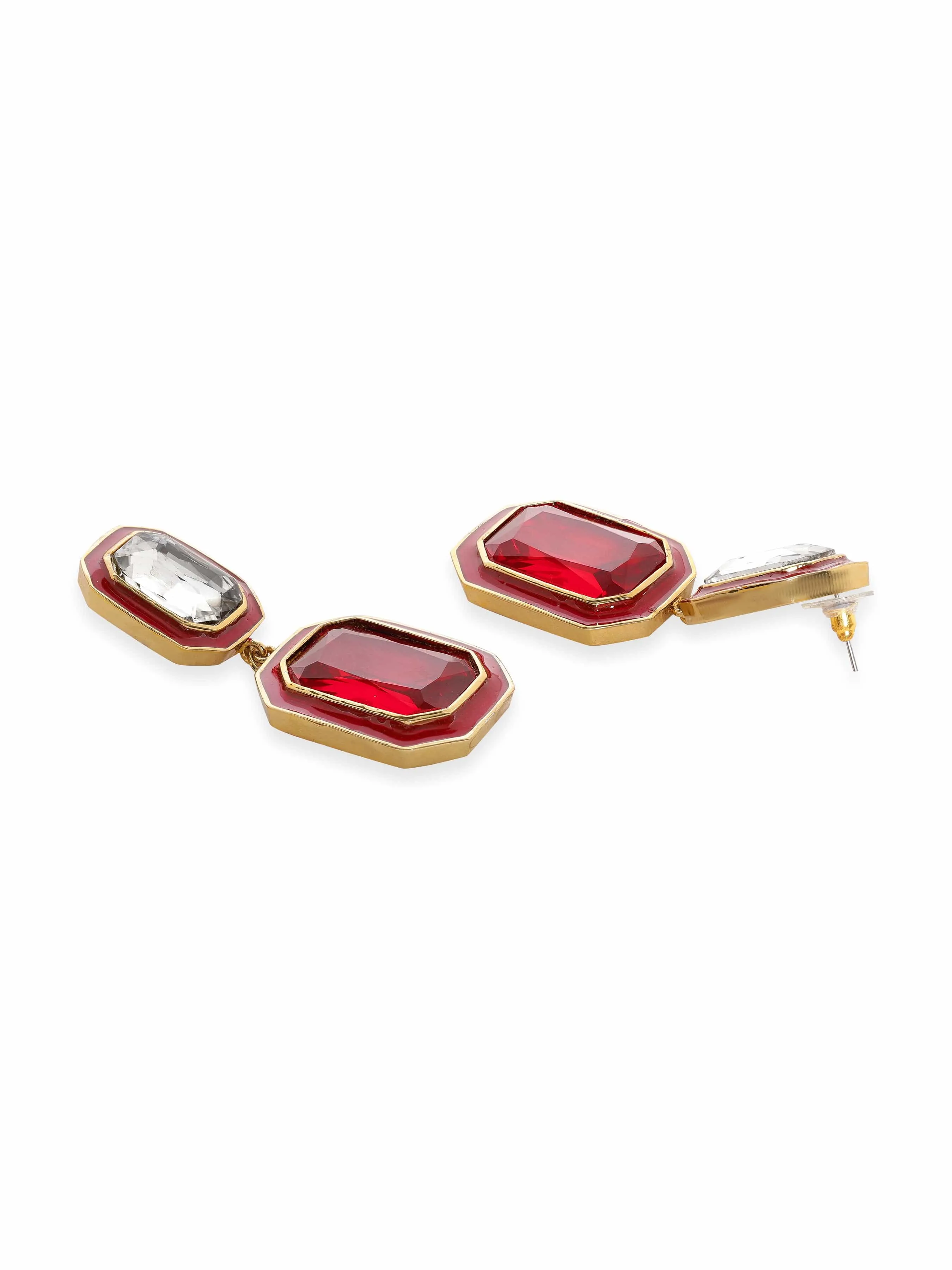 Rubans 22K Antique Gold Plated Ruby Crystal Studded Red Enamel Dangle Earring