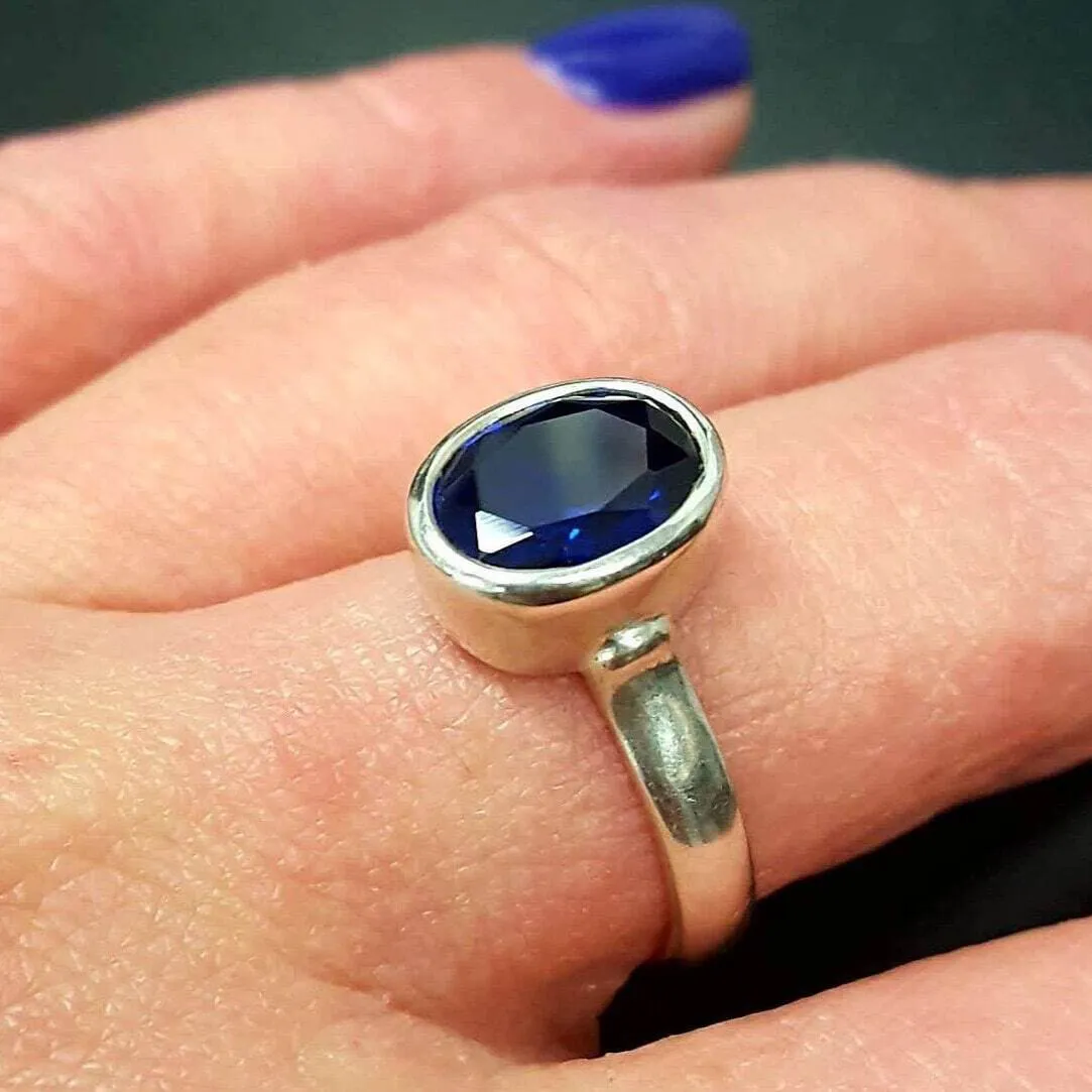 Sapphire Oval Ring - Blue Bezel Ring - September Birthstone Ring