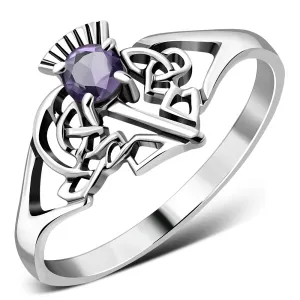 Scottish Thistle Amethyst Stone Silver Ring