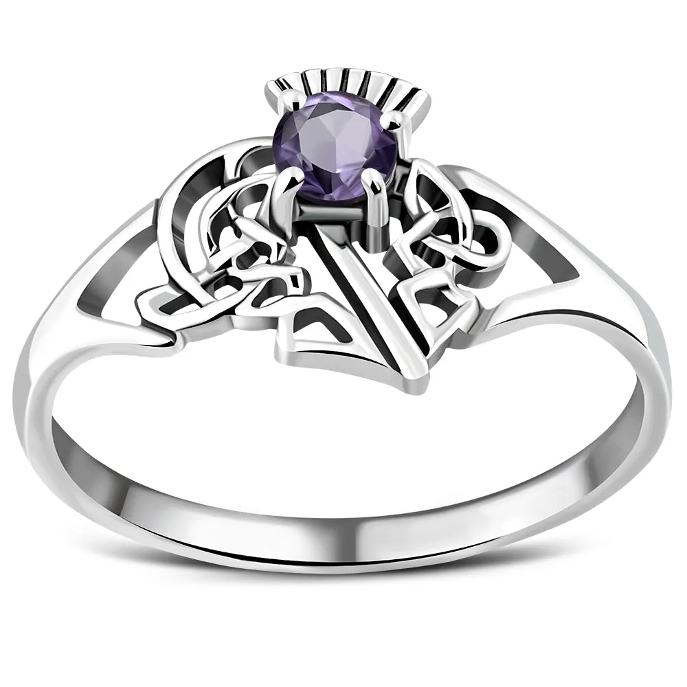 Scottish Thistle Amethyst Stone Silver Ring